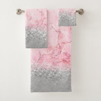 Pink Marble Silver Glittery Glam Bath Towel Set
