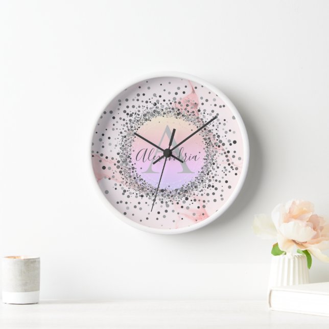 Pink Marble Silver Speckled Glittery Clock (Home)