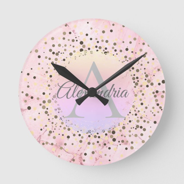 Pink Marble Speckled Monogram Personalized Round Clock (Front)