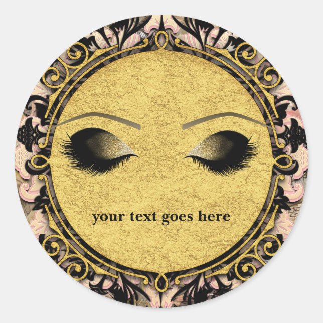 Pink Marble Swirl Glam Gold Makeup Eyelashes Favou Classic Round Sticker (Front)