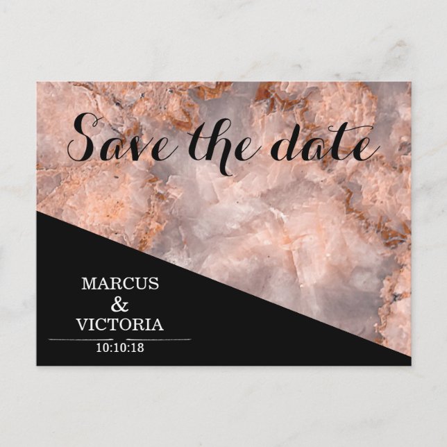 Pink marble wedding save the date announcement postcard (Front)