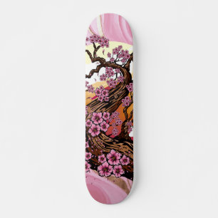 Pink Marble with Gold Cherry Blossom Japanese Skateboard
