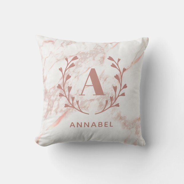 Pink Marble Wreath Monogram Custom Name Throw Pillow (Front)