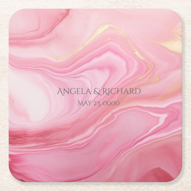 Pink marbled background square paper coaster (Front)