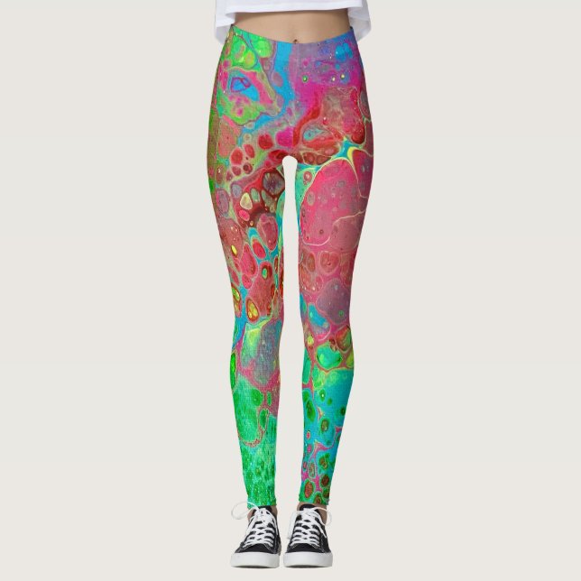 Pink marbré vert Abstrait Leggings artistiques (Devant)