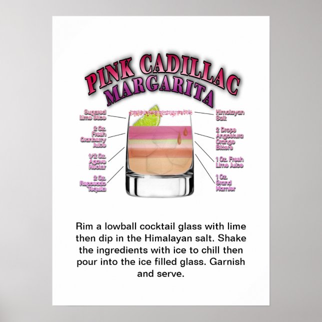 PINK MARGARITA Cocktail Recette 18"x24" Art Poster (Devant)