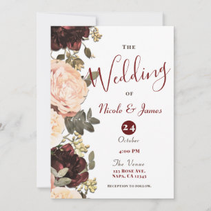 Pink & Maroon Floral Greenery Leaves Wedding  Invitation