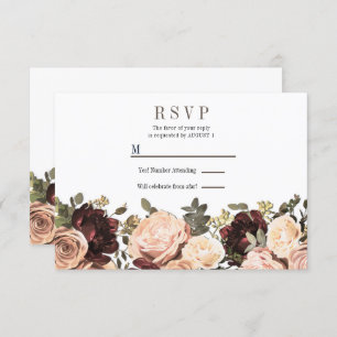 Pink & Maroon Floral Greenery Leaves Wedding RSVP Invitation