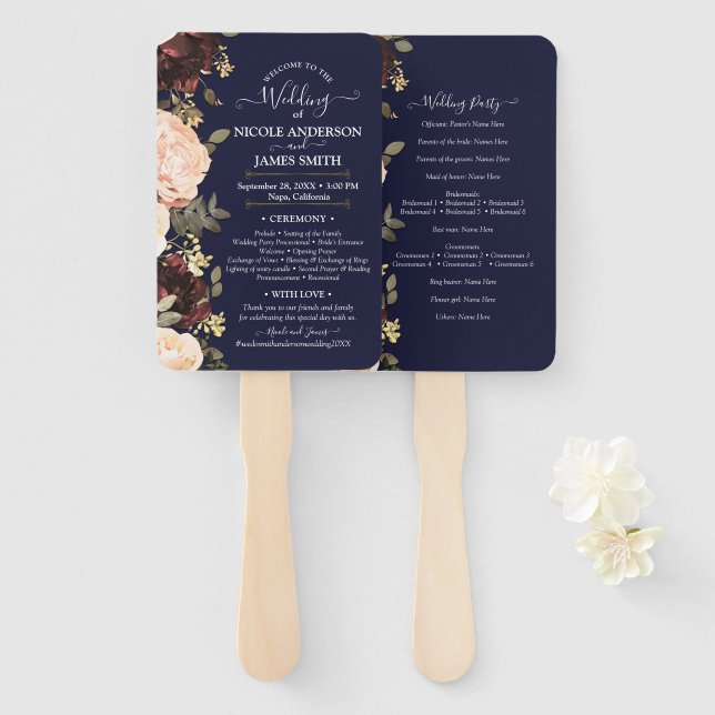 Pink Maroon Floral Greenery Navy Blue Wedding  Hand Fan (Front and Back)