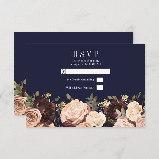 Pink Maroon Floral Greenery Navy Blue Wedding RSVP Invitation (Front/Back)