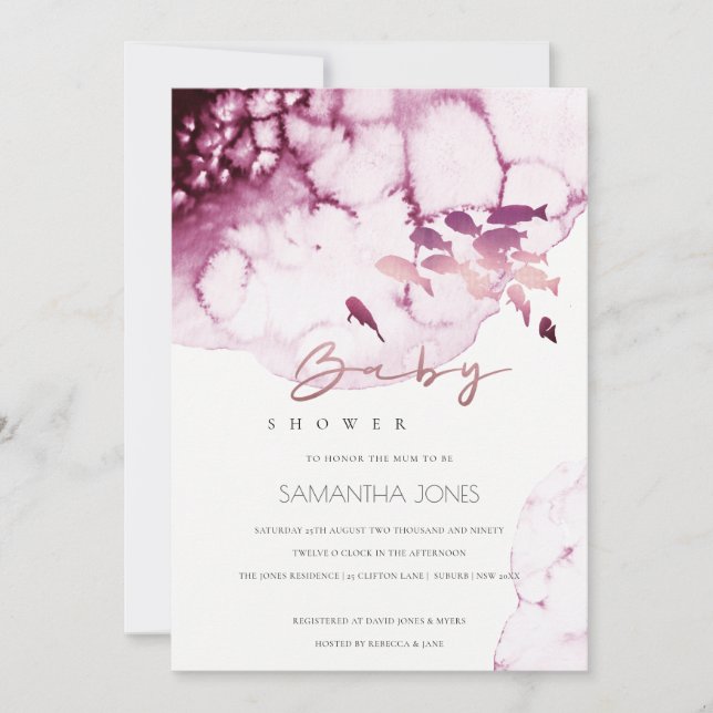Pink Maroon Underwater Sea Fish Baby Shower Invite (Front)