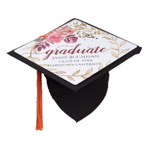 Pink Marsala Floral Gold Glitter Wreath Graduate Graduation Cap Topper