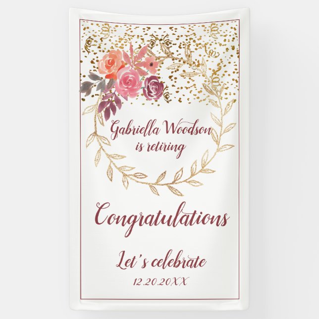 Pink Marsala Gold Glitter Floral Retirement Banner (Vertical)