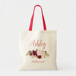 Pink Marsala Personalized Floral Bridesmaid Tote Bag