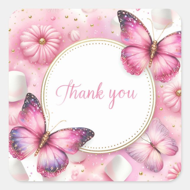 Pink Marshmallow Candy Butterfly - Thank you - Square Sticker (Front)