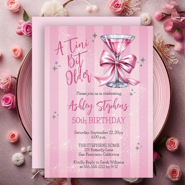 Pink Martini A Tini Bit Older 50th Birthday Party Invitation (Pink Martini "Tini Bit Older" Striped Adult Birthday Party Invitation)