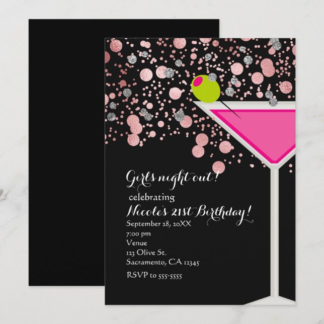 Pink Martini Drink with Olive Confetti Party Invitation (Front/Back)