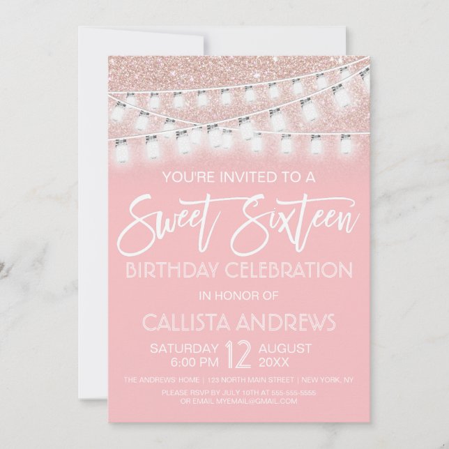 Pink Mason Jar String Lights Glitter Sweet 16 Invitation (Front)