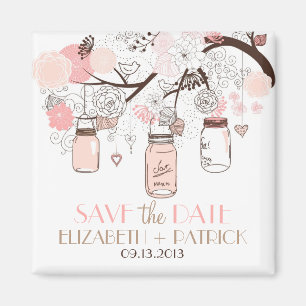 Pink Mason Jars & Love Birds Save The Date Magnet