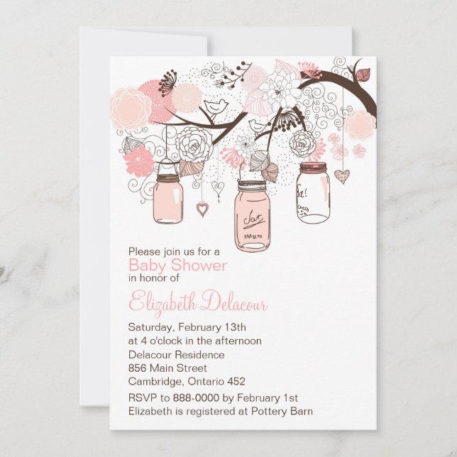Pink Mason Jars & Lovebirds Baby Shower Invitation (Front)