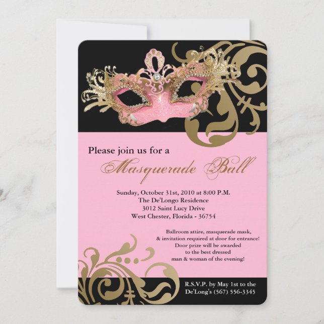 Pink Masquerade Mask Ball Costume Halloween Invitation (Front)