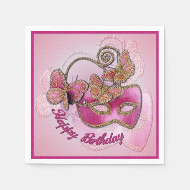 Pink Masquerade Mask Birthday Napkins (Front)