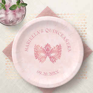 Pink Masquerade Mask Elegant Quinceanera Paper Plate