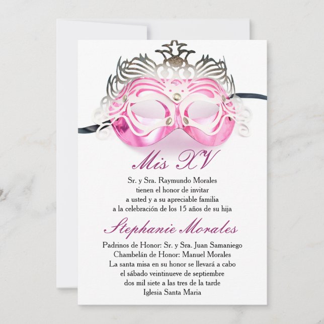 Pink Masquerade Quinceanera Birthday Invitation (Front)