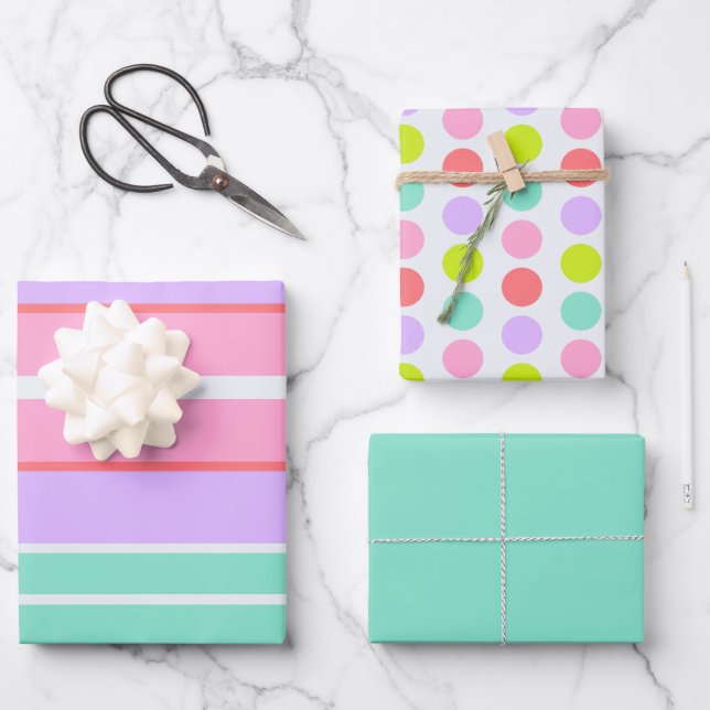 Pink Mauve and Blue Stripes and Polka Dots Wrapping Paper Sheet (Front)
