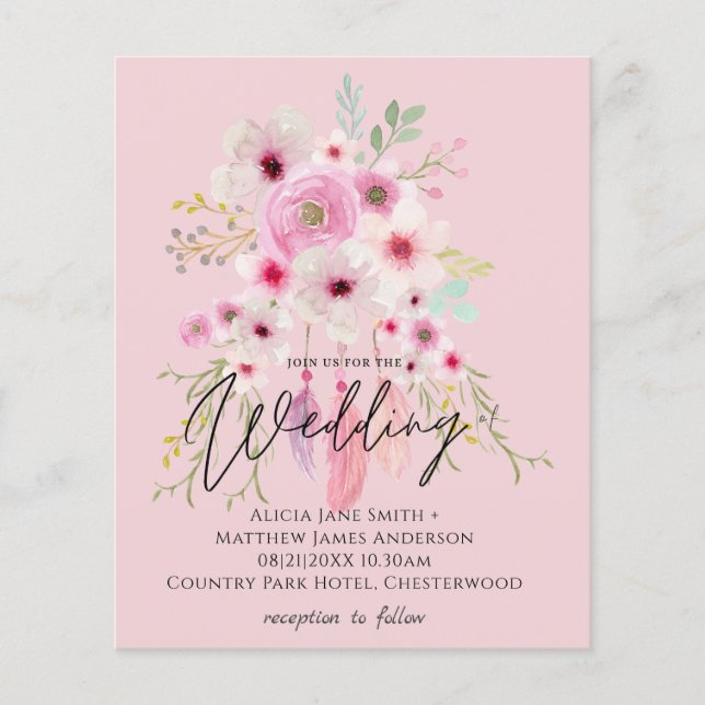 Pink Mauve BOHO Floral Feather Wedding Invitation (Front)