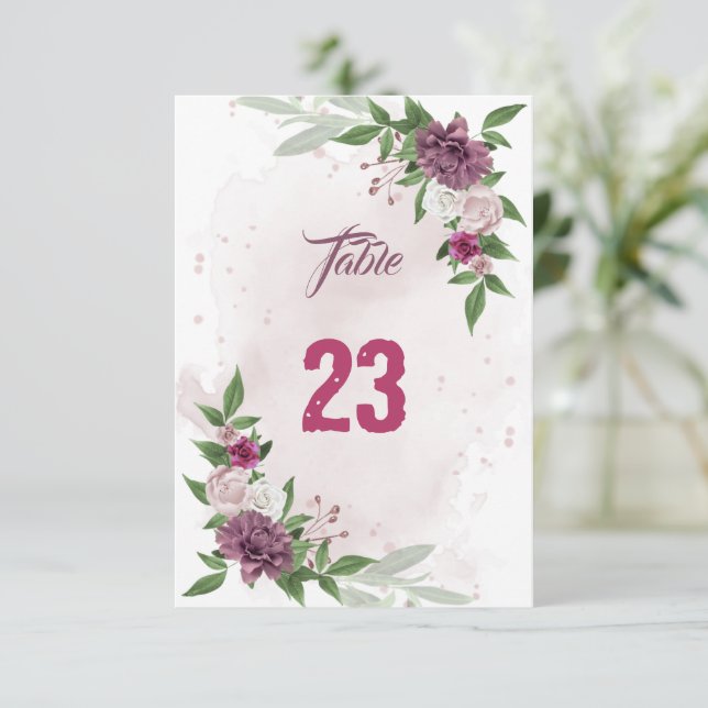 pink mauve botanical table number card (Standing Front)