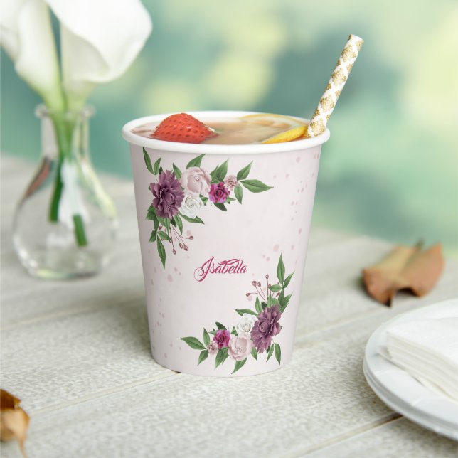 pink mauve burgundy flowers greenery  paper cups (Insitu)