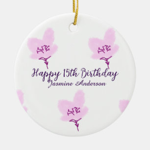 Pink mauve floral 15th birthday quinceanera name d ceramic ornament