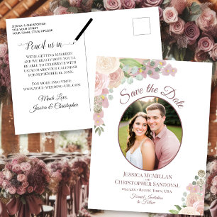 Pink & Mauve Floral Photo Wedding Save the Date Announcement Postcard