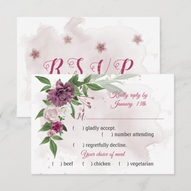 pink mauve flowers botanical meal choice RSVP card (Front/Back)