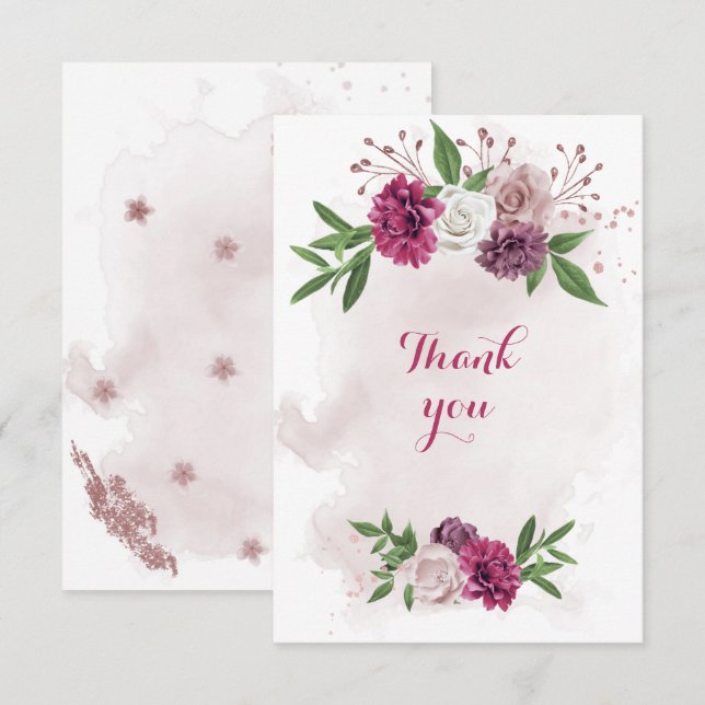 pink mauve flowers greenery thank you card (Front/Back)
