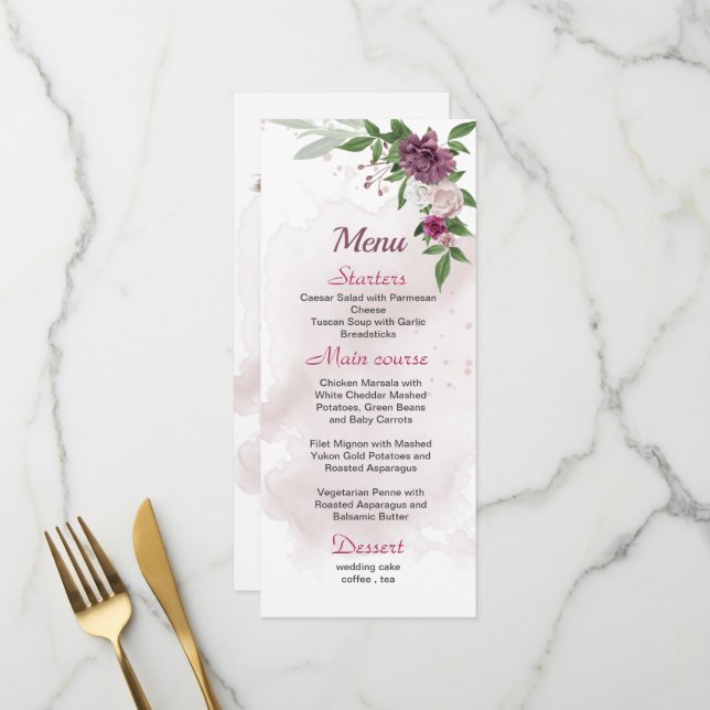 pink mauve flowers greenery wedding menu (Front/Back In Situ)