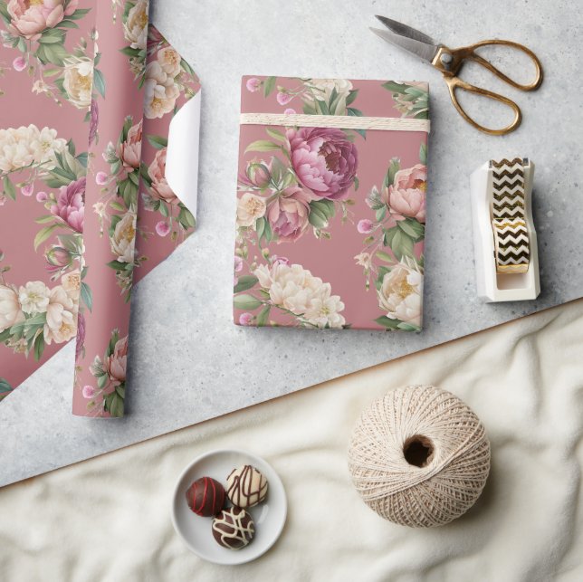 Pink Mauve Peony Floral Wreath Bridal Shower Wrapping Paper (Crafts)