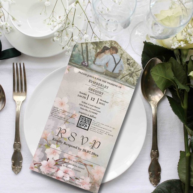 Pink Mauve Sakura Cherry Blossoms Photo QR Code All In One Invitation (Creator Uploaded)