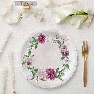 pink mauve white flowers botanical paper plate