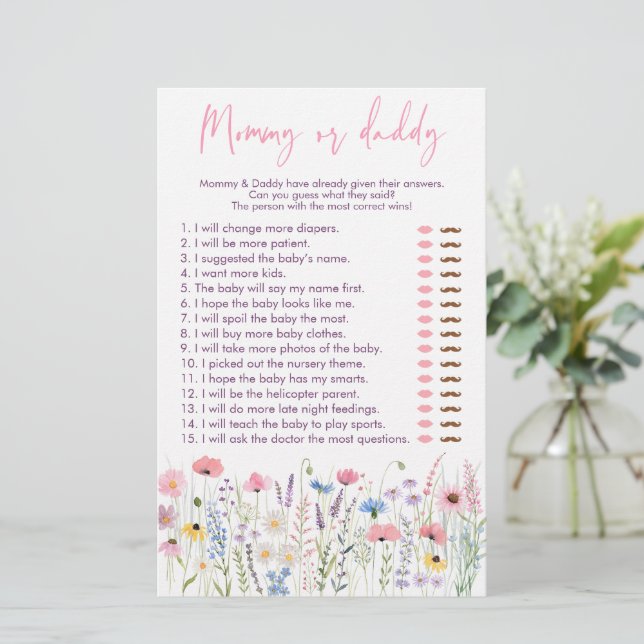 Pink Meadow Wildflowers Mommy or Daddy Shower Game (Standing Front)