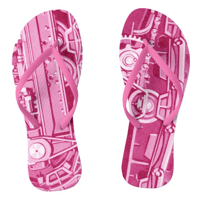 PINK MECHANICAL GEARS INDUSTRIAL MACHINERY TANK FLIP FLOPS (Footbed)
