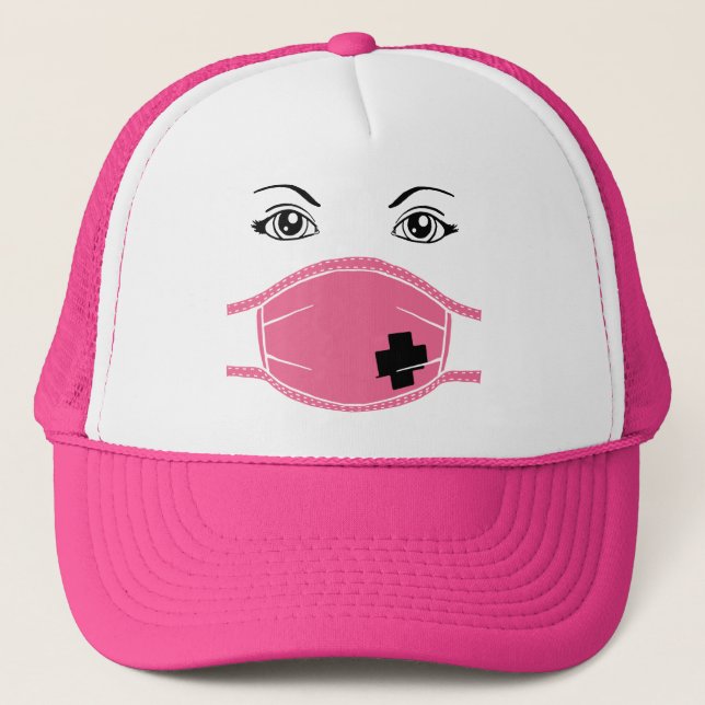 Pink Medical Mask Graphic Trucker Hat (Front)