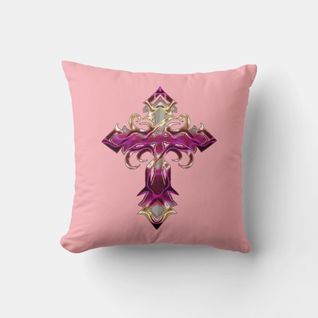 Pink Medieval Cross Throw Pillow (Front)