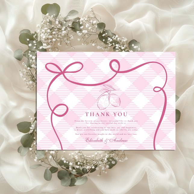 Pink Mediteranean Bow Gingham Lemons Wedding Thank You Card (Creator Uploaded)