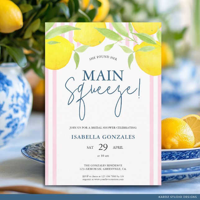 Pink Mediterranean Main Squeeze Bridal Shower Invitation (The front of the invitation is shown at a 5x7-inch size. Choose size, paper, + corner style.)