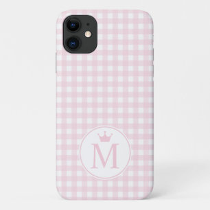 Pink Medium Gingham Pattern Monogram with Crown. iPhone 11 Case