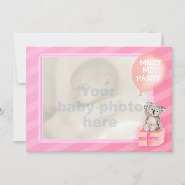 Pink meet me new baby girl party invite (Front)