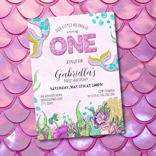 Pink Mermaid 1st Birthday Invitation