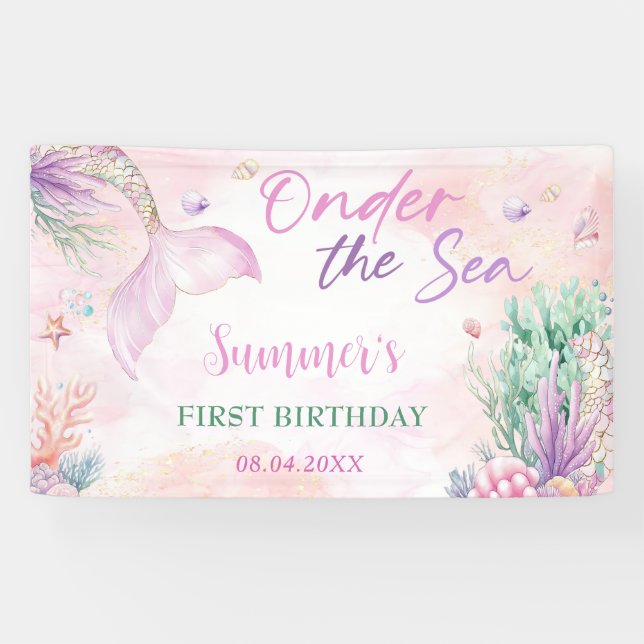 Pink Mermaid 1st Birthday Oneder the Sea Party Banner (Horizontal)